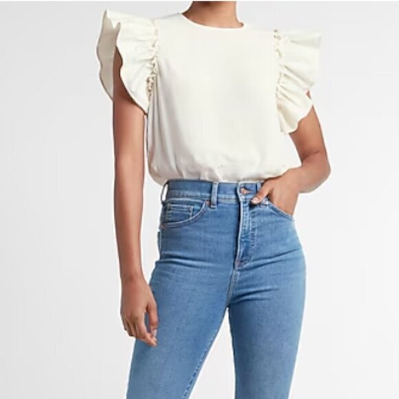 Express Tops - Express Ruffle Sleeve Thong Bodysuit in cream size XL #1918